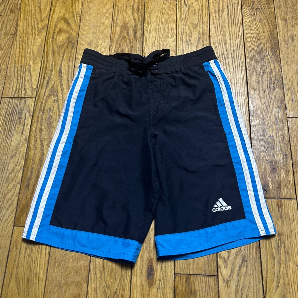 Adidas Mens Board Shorts Black Blue White Striped Swim Trunks